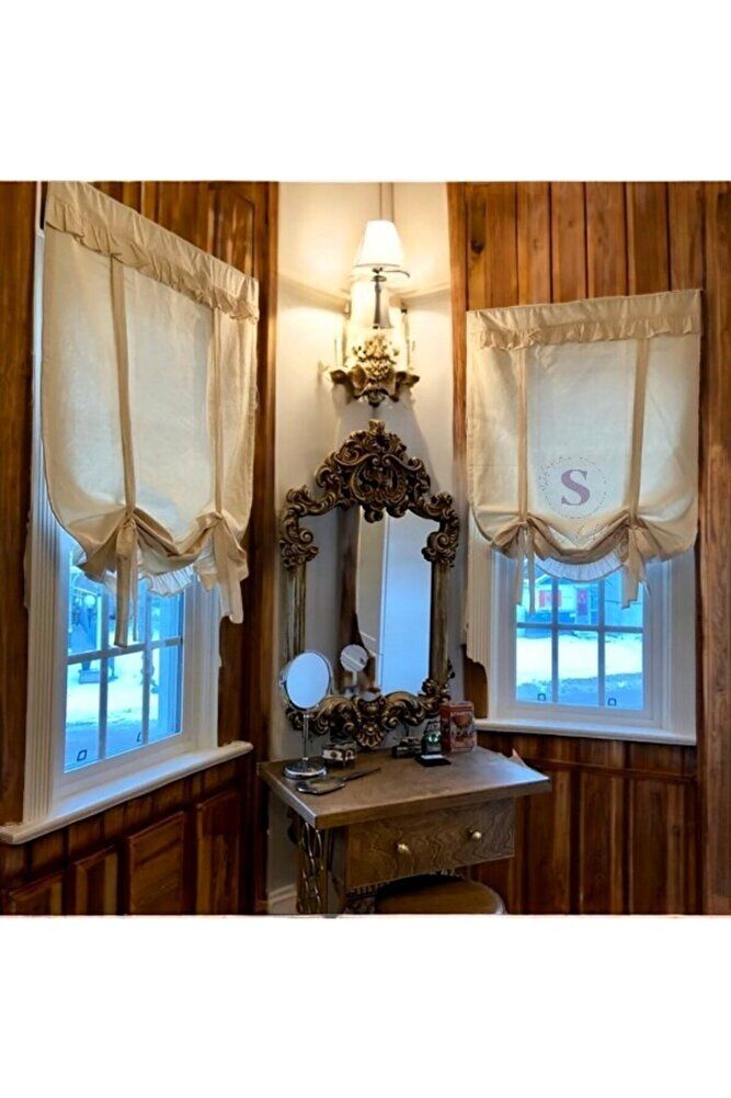 BAĞLAMA DETAYLI FIRFIRLI NATUREL RETRO FON PERDE