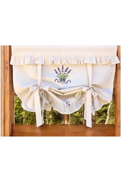 Çift Fırfırlı Lavanta Nakışlı Bağlı Pamuklu Fon Perde