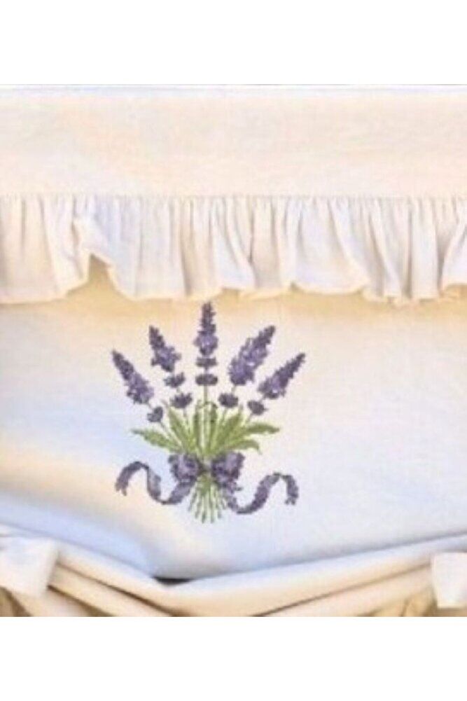 Çift Fırfırlı Lavanta Nakışlı Bağlı Pamuklu Fon Perde