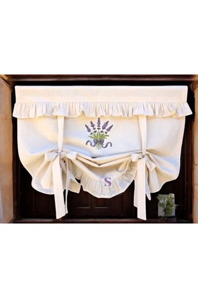 Çift Fırfırlı Lavanta Nakışlı Bağlı Pamuklu Fon Perde