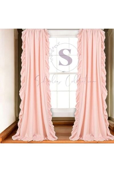 CİFT TARAFLI FIRFIRLI PEMBE Vintage Pamuk Keten Perde (EN X BOY) - Tek Kanat - Pilesiz