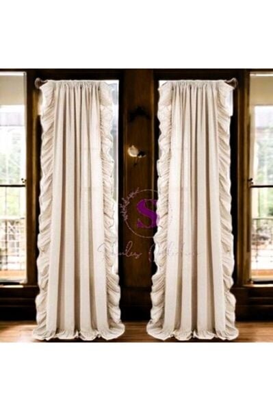 CİFT TARAFLI FIRFIRLI Naturel Vintage Pamuk Keten Perde (EN X BOY) - Tek Kanat - Pilesiz