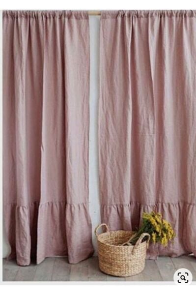 Fırfırlı Doğal Vintage Pembe Keten Perde (EN X BOY)-tek Kanat-pilesiz