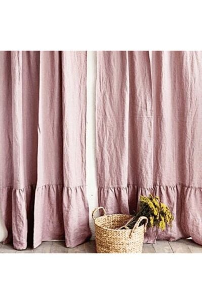 Fırfırlı Doğal Vintage Pembe Keten Perde (EN X BOY)-tek Kanat-pilesiz