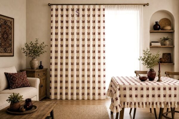 %100 PAMUK BULDAN KETEN BORDO PÜSKÜL DETAYLI KUŞAKLI FON PERDE – TEK KANAT 70 x 150