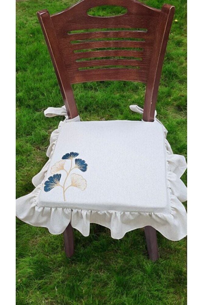 EL YAPIMI BULDAN YIKANMIS KETEN  GİNKGO YAPRAĞI NAKISLI FIRFIRLI SANDALYE MİNDERİ