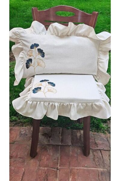 EL YAPIMI BULDAN YIKANMIS KETEN  GİNKGO YAPRAĞI NAKISLI FIRFIRLI SANDALYE MİNDERİ