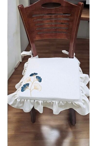 EL YAPIMI BULDAN YIKANMIS KETEN  GİNKGO YAPRAĞI NAKISLI FIRFIRLI SANDALYE MİNDERİ