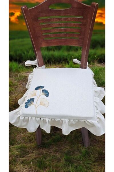 EL YAPIMI BULDAN YIKANMIS KETEN  GİNKGO YAPRAĞI NAKISLI FIRFIRLI SANDALYE MİNDERİ