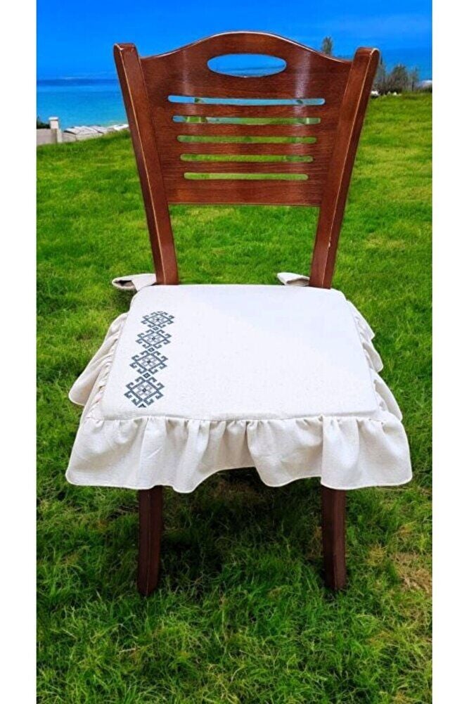 EL YAPIMI BULDAN YIKANMIS KETEN  MOTİF KANAVİÇE NAKISLI FIRFIRLI SANDALYE MİNDERİ
