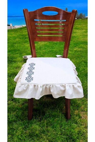 EL YAPIMI BULDAN YIKANMIS KETEN  MOTİF KANAVİÇE NAKISLI FIRFIRLI SANDALYE MİNDERİ