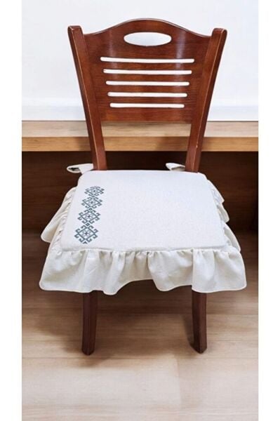 EL YAPIMI BULDAN YIKANMIS KETEN  MOTİF KANAVİÇE NAKISLI FIRFIRLI SANDALYE MİNDERİ