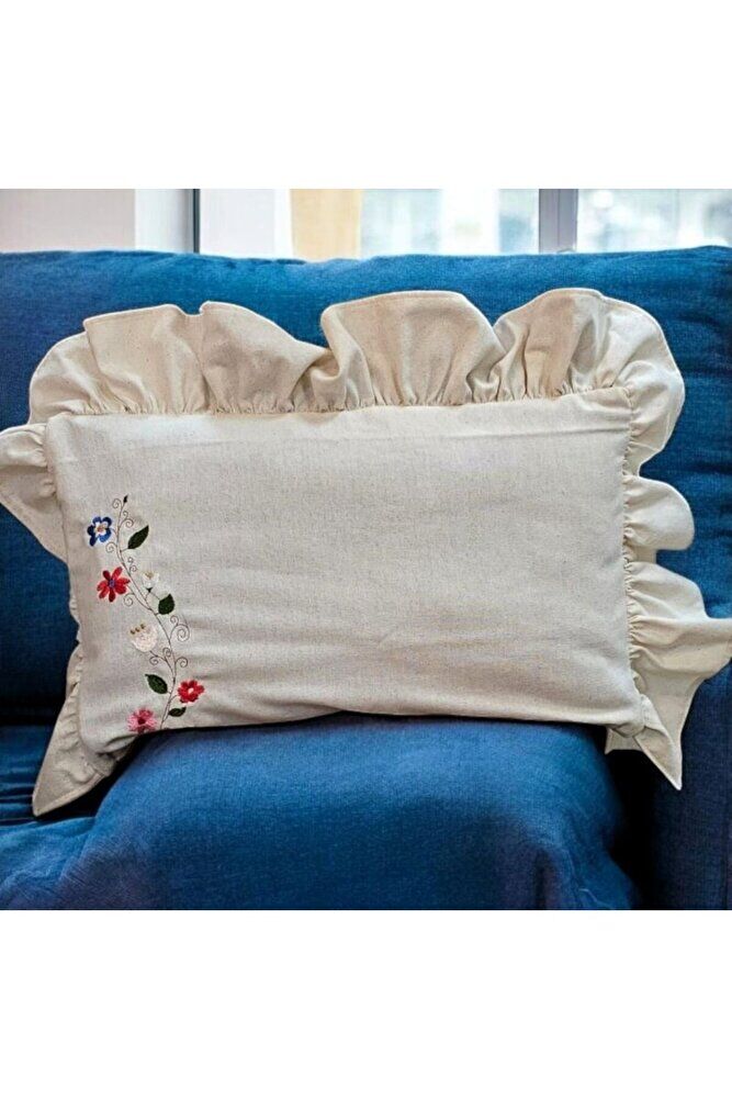 Yıkanmış Keten Dikdörtgen SARMAŞIK NAKISLI Fırfırlı Kırlent Kılıfı