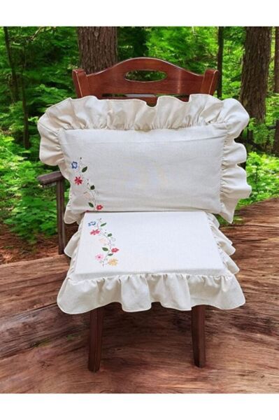 Yıkanmış Keten Dikdörtgen SARMAŞIK NAKISLI Fırfırlı Kırlent Kılıfı