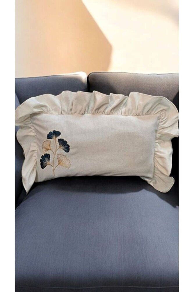 Yıkanmış Keten Dikdörtgen GİNKGO YAPRAĞI NAKISLI Fırfırlı Kırlent Kılıfı