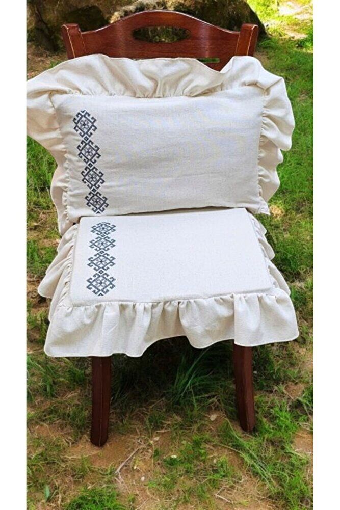 Yıkanmış Keten Dikdörtgen  Motif Kanaviçe Nakışlı Fırfırlı Kırlent Kılıfı