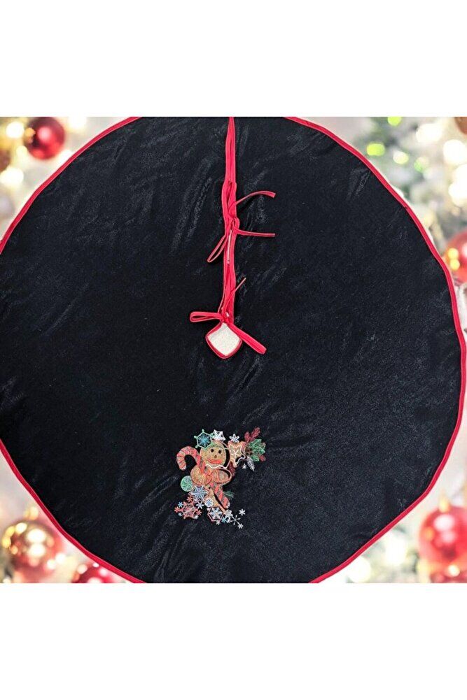 SIYAH KADİFE KUMAŞ KURABİYE NAKIŞLI ÇAM AĞACI ÖRTÜSÜ 95 CM