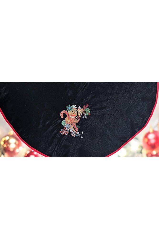 SIYAH KADİFE KUMAŞ KURABİYE NAKIŞLI ÇAM AĞACI ÖRTÜSÜ 95 CM