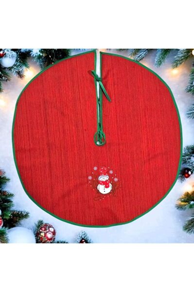 Kırmızı Dokuma Kumaş Kardan Adam Nakışlı Çam Ağacı Örtüsü 75cm