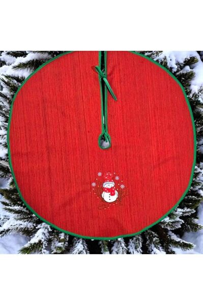 Kırmızı Dokuma Kumaş Kardan Adam Nakışlı Çam Ağacı Örtüsü 75cm