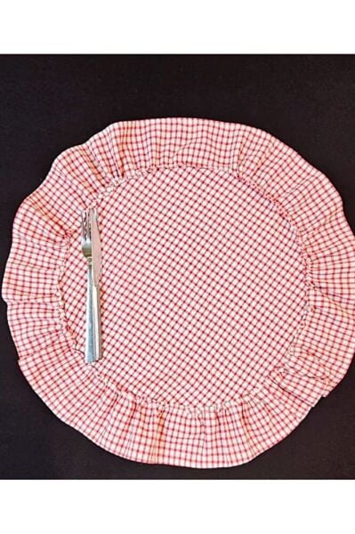 %100 Pamuklu Ham Keten Fırfırlı KIRMIZI PÖTİKARE 6' Li Amerikan Servisi Supla YUVARLAK  45 Cm