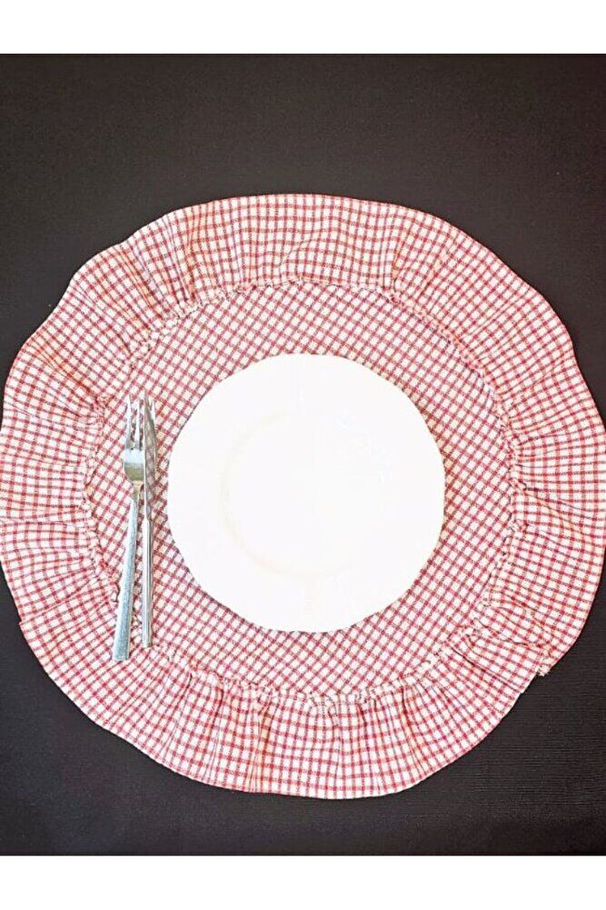 %100 Pamuklu Ham Keten Fırfırlı KIRMIZI PÖTİKARE 6' Li Amerikan Servisi Supla YUVARLAK  45 Cm