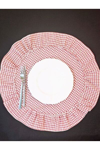 %100 Pamuklu Ham Keten Fırfırlı KIRMIZI PÖTİKARE 6' Li Amerikan Servisi Supla YUVARLAK  45 Cm