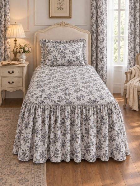 Vintage Baharın İzi – GRİ Bahar Dalı Desenli Fırfırlı Etekli Lastikli Çarşaf Takımı 160 x 200