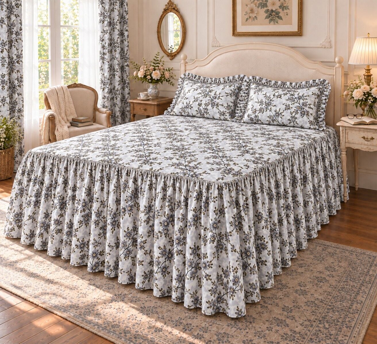 Vintage Baharın İzi – GRİ Bahar Dalı Desenli Fırfırlı Etekli Lastikli Çarşaf Takımı 160 x 200