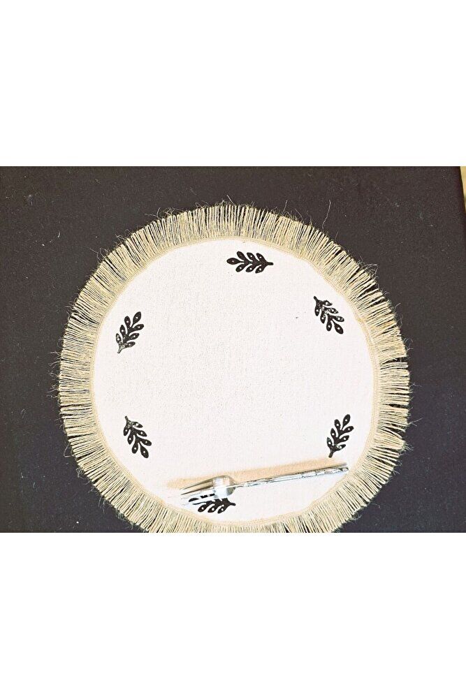 Ham Keten Hasır Püsküllü Minik Desen Taş Baskı 6' Lı Amerikan Servisi Supla YUVARLAK  40Cm