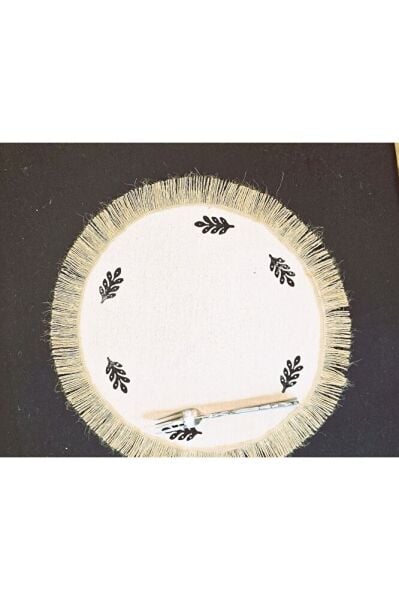 Ham Keten Hasır Püsküllü Minik Desen Taş Baskı 6' Lı Amerikan Servisi Supla YUVARLAK  40Cm