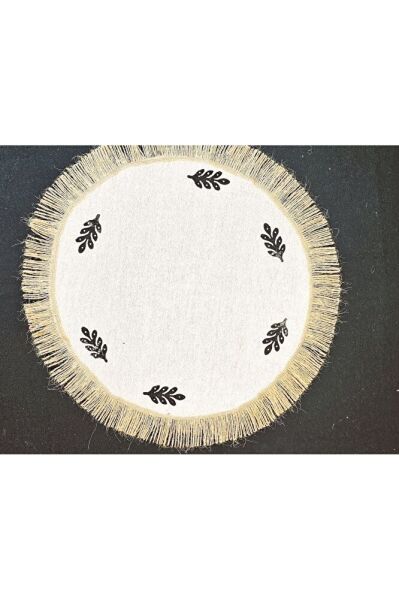 Ham Keten Hasır Püsküllü Minik Desen Taş Baskı 6' Lı Amerikan Servisi Supla YUVARLAK  40Cm