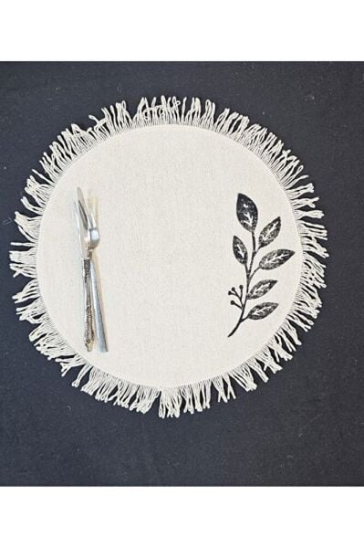 %100 Pamuklu Ham Keten Pamuk Püsküllü Yaprak Taş Baskı 6' Lı Amerikan Servisi Supla YUVARLAK  40Cm