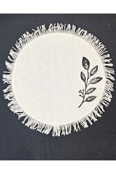 %100 Pamuklu Ham Keten Pamuk Püsküllü Yaprak Taş Baskı 6' Lı Amerikan Servisi Supla YUVARLAK  40Cm