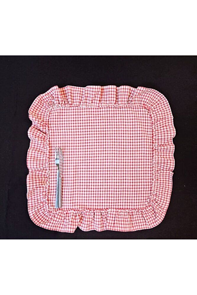 %100 Pamuklu Ham Keten Fırfırlı KIRMIZI PÖTİKARE 6' Li Amerikan Servisi Supla KARE  45 Cm