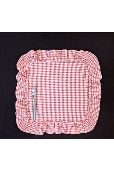 %100 Pamuklu Ham Keten Fırfırlı KIRMIZI PÖTİKARE 6' Li Amerikan Servisi Supla KARE  45 Cm