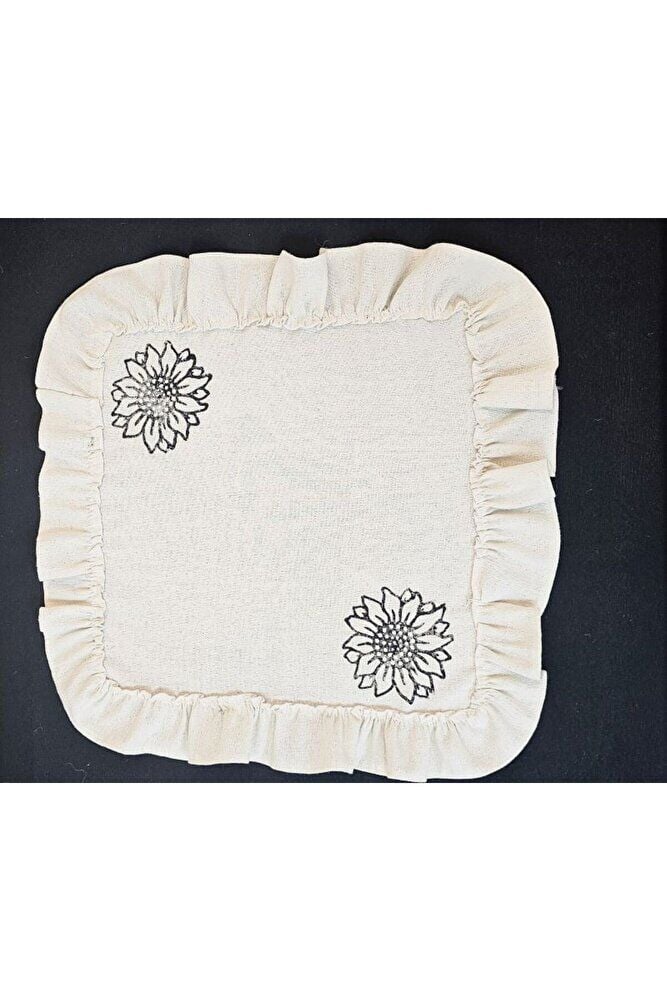 %100 Pamuklu Ham Keten Fırfırlı AYÇİÇEK TAŞ BASKILI 6' Li Amerikan Servisi Supla KARE  45 Cm