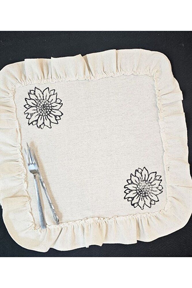 %100 Pamuklu Ham Keten Fırfırlı AYÇİÇEK TAŞ BASKILI 6' Li Amerikan Servisi Supla KARE  45 Cm