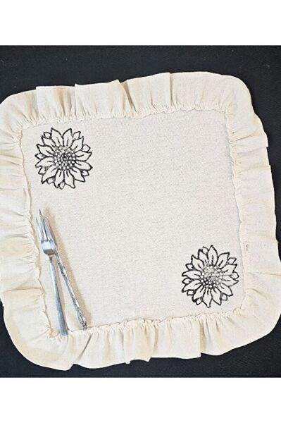 %100 Pamuklu Ham Keten Fırfırlı AYÇİÇEK TAŞ BASKILI 6' Li Amerikan Servisi Supla KARE  45 Cm