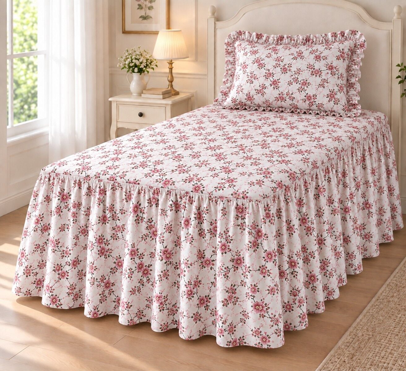 Vintage Baharın İzi – Pembe Bahar Dalı Desenli Fırfırlı Etekli Lastikli Çarşaf Takımı 90 x 200