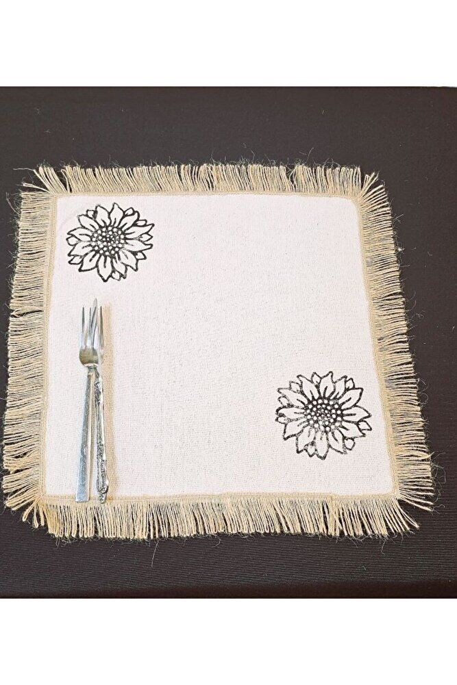 %100 Pamuklu Ham Keten Hasır Püsküllü AYÇİÇEK TAŞ BASKILI 6' Li Amerikan Servisi Supla KARE  42 Cm