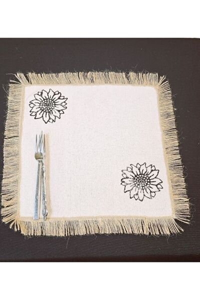 %100 Pamuklu Ham Keten Hasır Püsküllü AYÇİÇEK TAŞ BASKILI 6' Li Amerikan Servisi Supla KARE  42 Cm