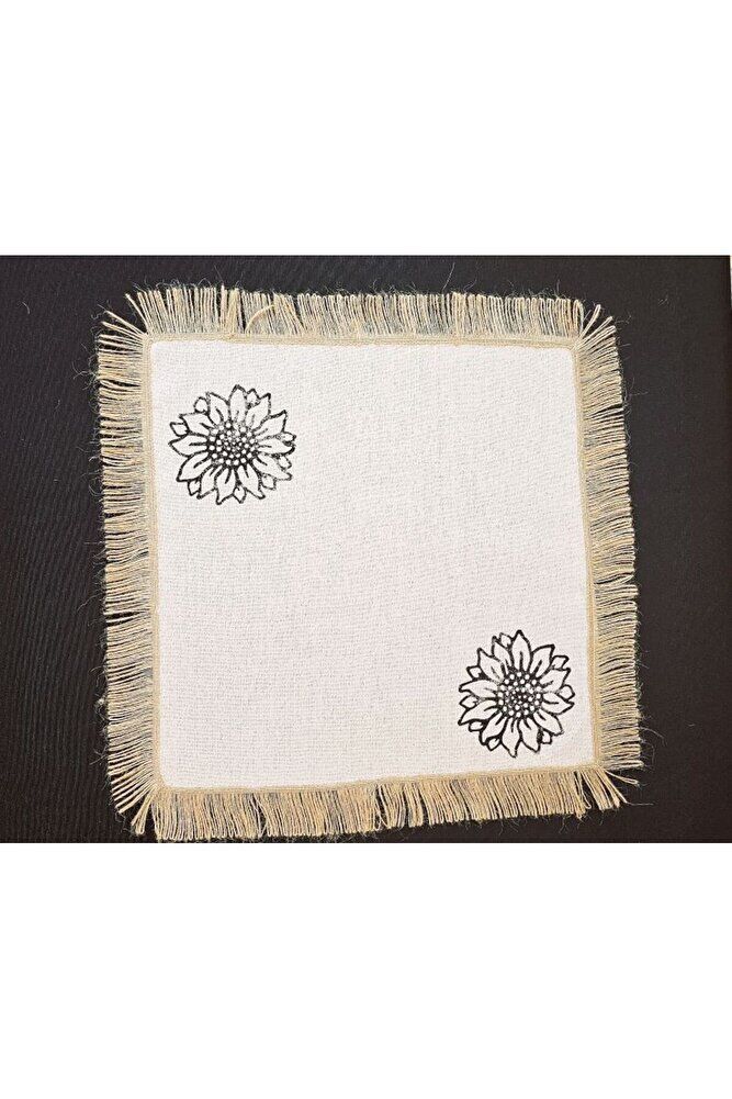 %100 Pamuklu Ham Keten Hasır Püsküllü AYÇİÇEK TAŞ BASKILI 6' Li Amerikan Servisi Supla KARE  42 Cm