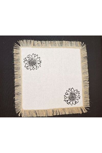 %100 Pamuklu Ham Keten Hasır Püsküllü AYÇİÇEK TAŞ BASKILI 6' Li Amerikan Servisi Supla KARE  42 Cm