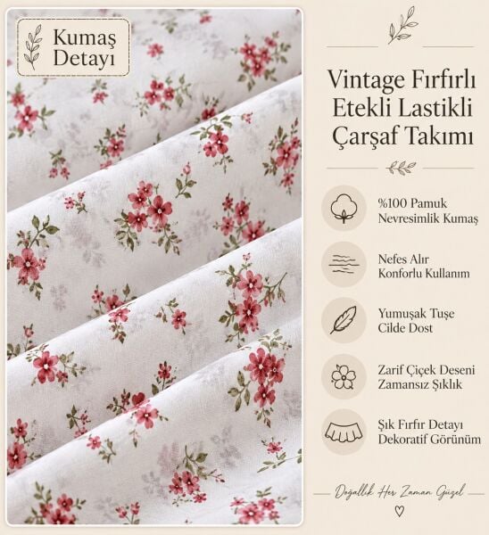 Kır Çiçekleri GÜLKURUSU Vintage Pastel Çiçek Desenli %100 Pamuk Fırfırlı Etekli Lastikli Çarşaf Takımı 120 x 200