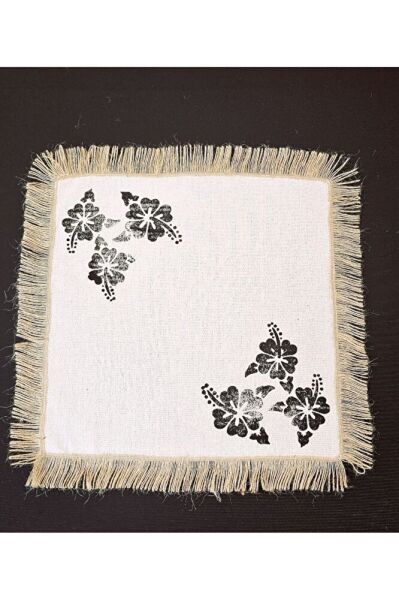 %100 Pamuklu Ham Keten Hasır Püsküllü Çiçek Taş Baskı 6' Lı Amerikan Servisi Supla KARE  42 Cm