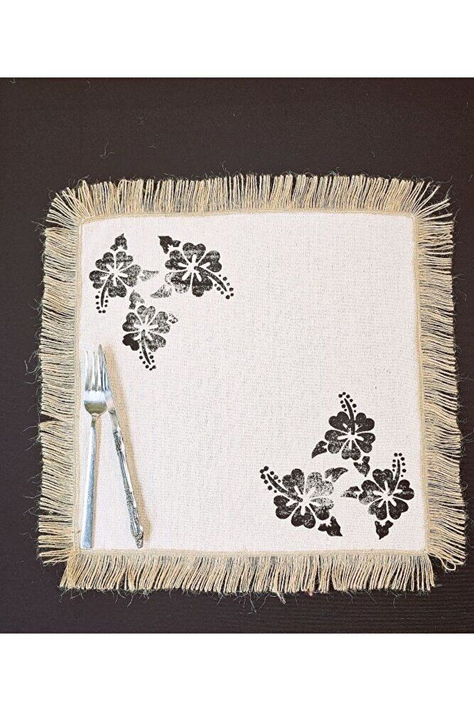 %100 Pamuklu Ham Keten Hasır Püsküllü Çiçek Taş Baskı 6' Lı Amerikan Servisi Supla KARE  42 Cm