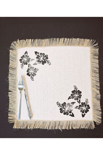 %100 Pamuklu Ham Keten Hasır Püsküllü Çiçek Taş Baskı 6' Lı Amerikan Servisi Supla KARE  42 Cm