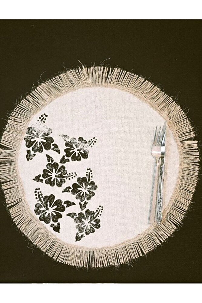 %100 Pamuklu Ham Keten Hasır Püsküllü Çiçek Taş Baskı 6' Lı Amerikan Servisi Supla YUVARLAK  40Cm