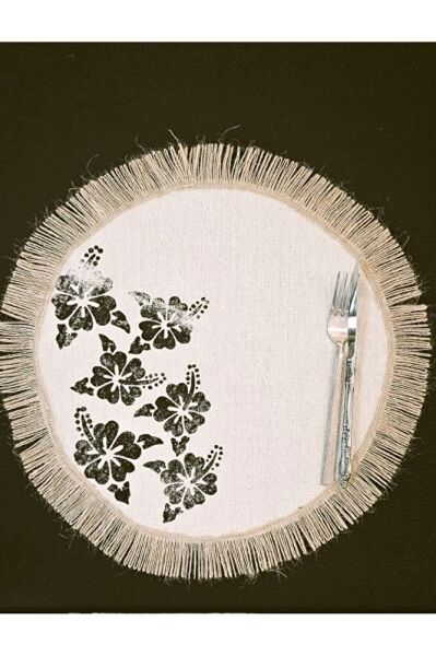 %100 Pamuklu Ham Keten Hasır Püsküllü Çiçek Taş Baskı 6' Lı Amerikan Servisi Supla YUVARLAK  40Cm